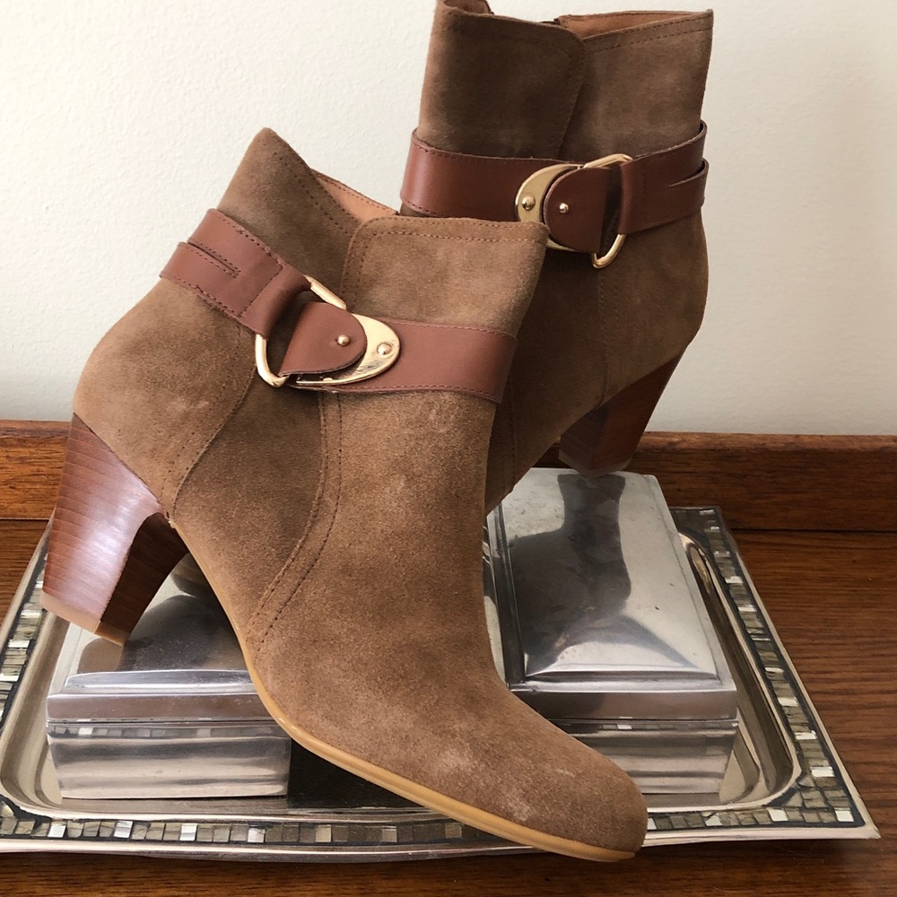 Sofft Brown Suede Ankle Booties with Leather Buckle